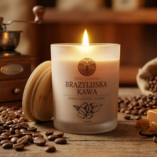 Świeca sojowa Brazylijska Kawa w satynowym szkle z bambusowym wieczkiem, otoczona ziarnami kawy, wanilią i karmelem – zapach świeżo palonej kawy