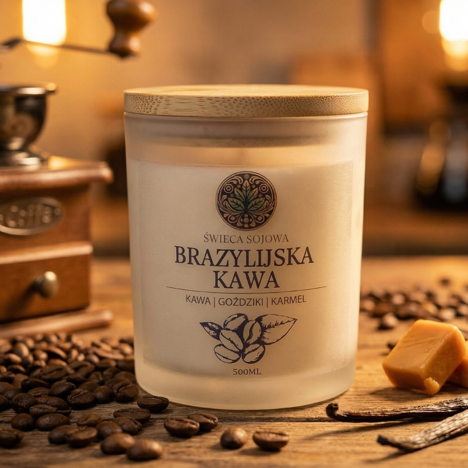 Świeca sojowa Brazylijska Kawa w satynowym szkle z bambusowym wieczkiem, otoczona ziarnami kawy, wanilią i karmelem – zapach świeżo palonej kawy