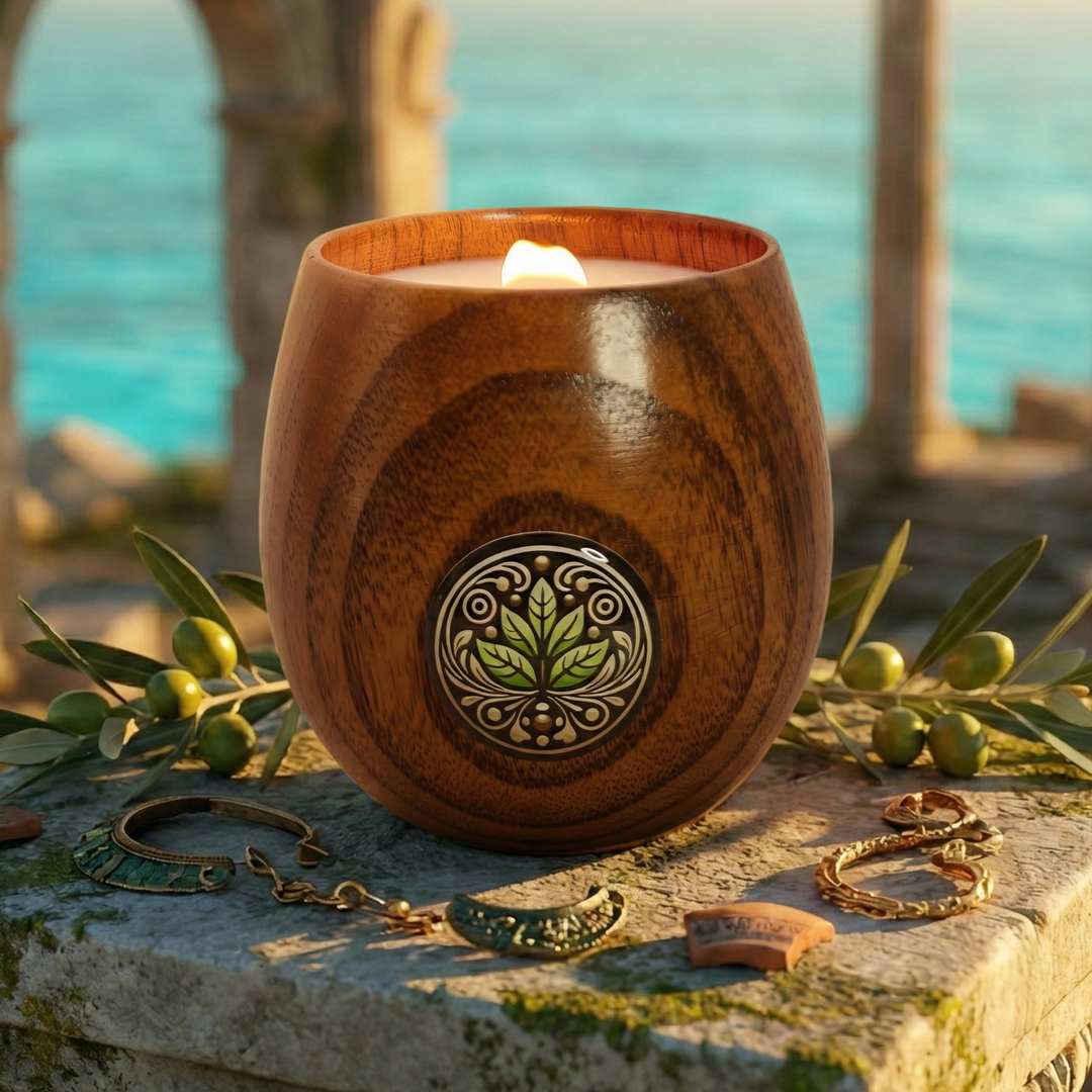 Świeca sojowa Egejska Skrzynia Pandory w dębowym pojemniku z drewnianym knotem