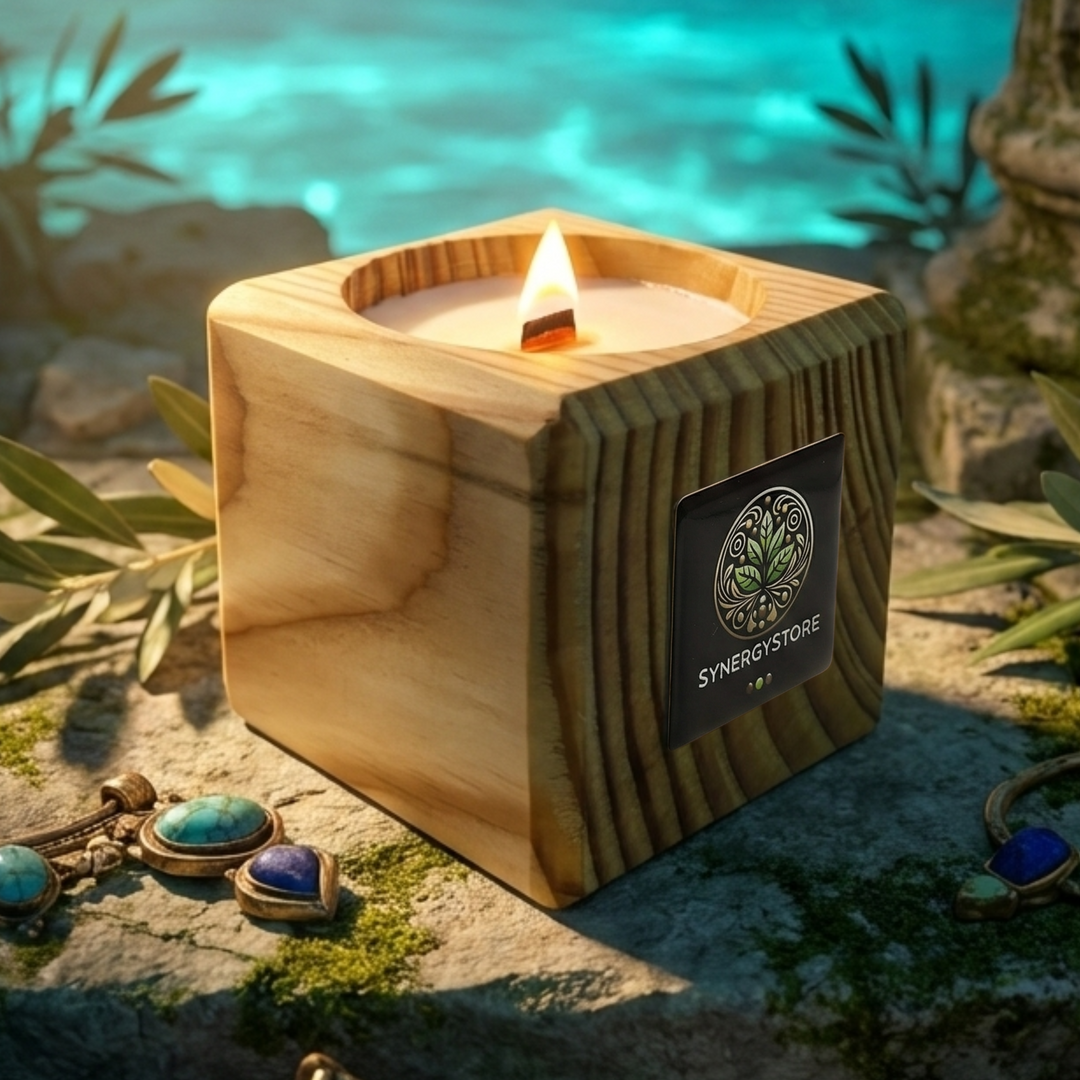 Świeca sojowa Egejska Skrzynia Pandory w modrzewiowym pojemniku z drewnianym knotem