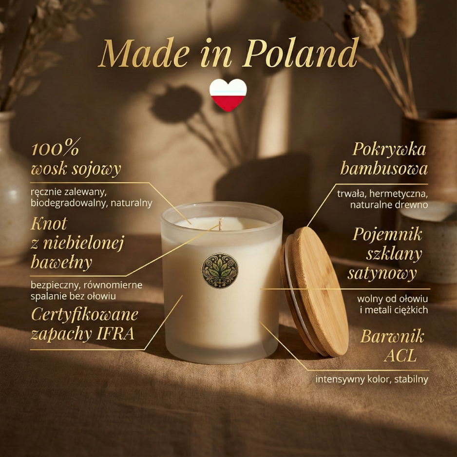 Infografika świecy sojowej Karmel znad Atlantyku – 100% wosk sojowy, certyfikowane olejki IFRA, wegańska formuła, ręczna produkcja