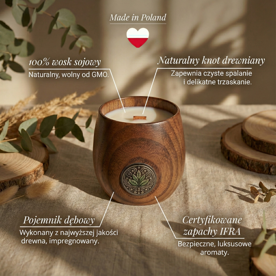 Infografika premium świecy sojowej w pojemniku dębowym z naturalnym knotem drewnianym, 100% woskiem sojowym i certyfikowanymi zapachami IFRA.