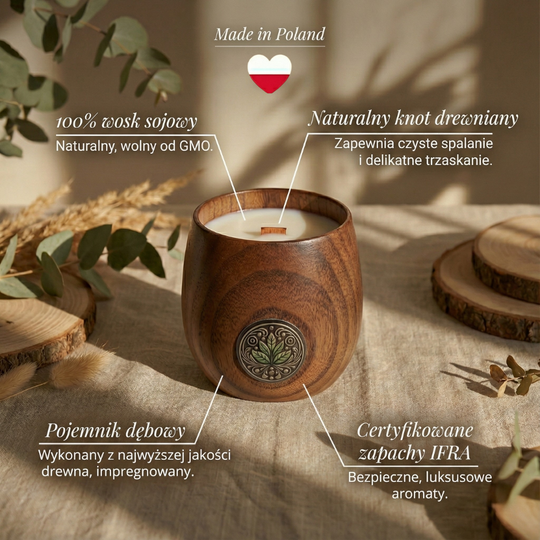 Infografika premium świecy sojowej w pojemniku dębowym z naturalnym knotem drewnianym, 100% woskiem sojowym i certyfikowanymi zapachami IFRA.