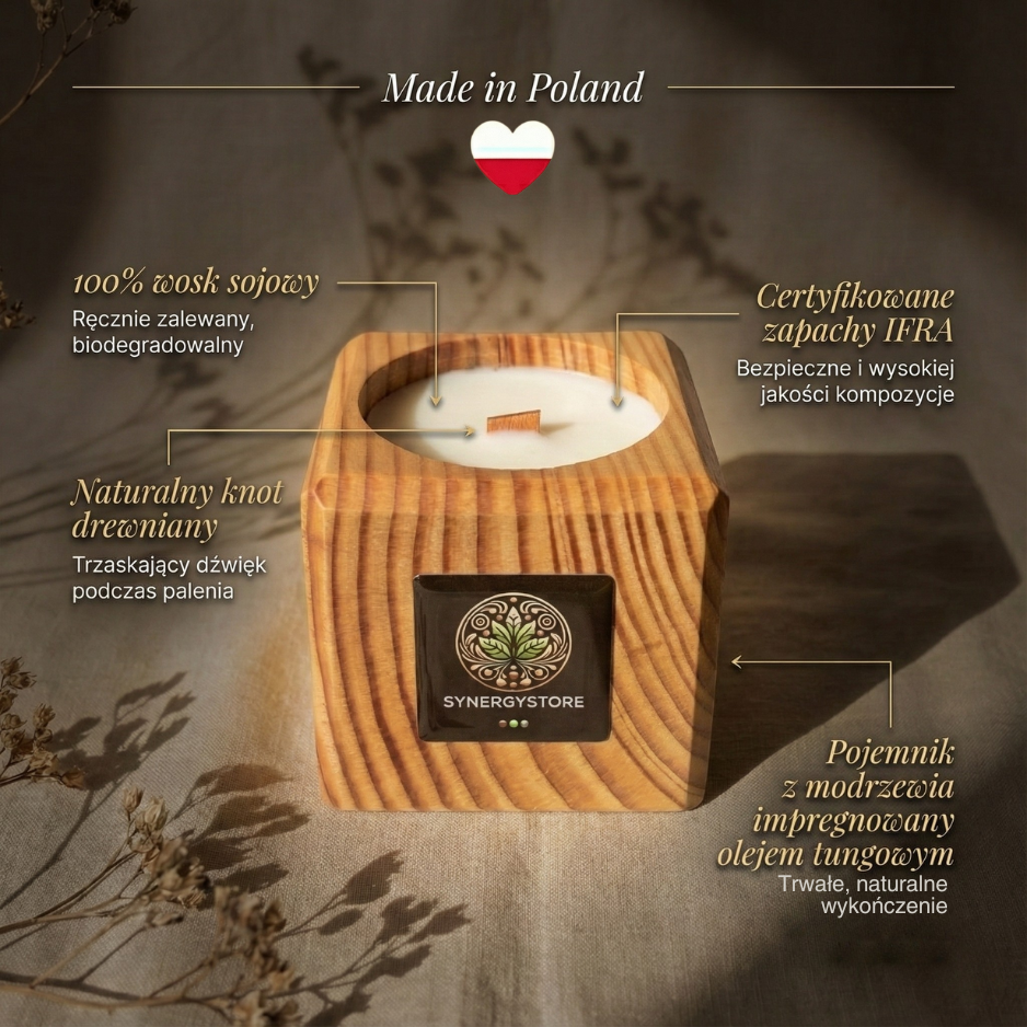 Infografika premium świecy sojowej w pojemniku z modrzewia z naturalnym knotem drewnianym, 100% woskiem sojowym i certyfikowanymi zapachami IFRA.
