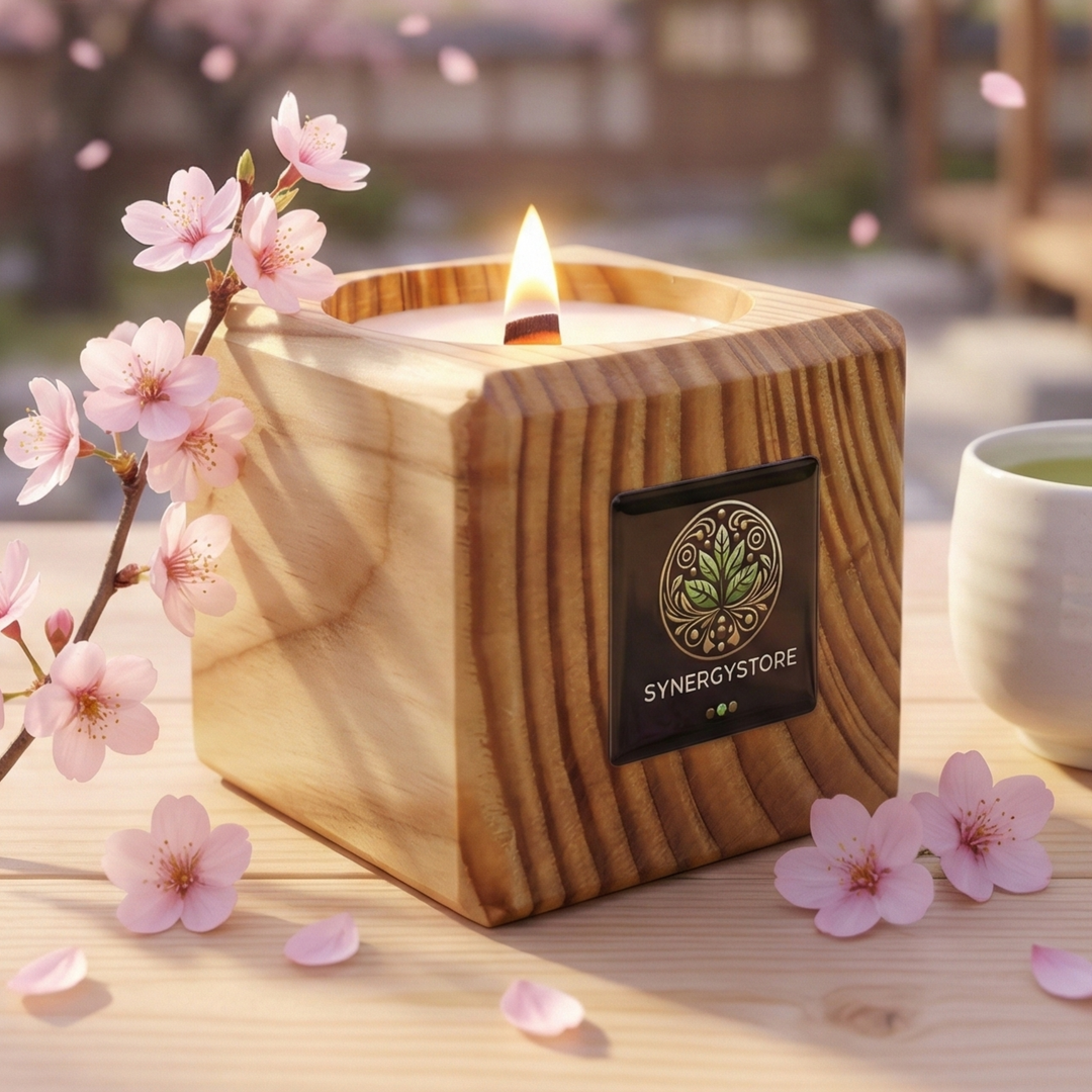 Świeca sojowa Japońska Wiśnia w modrzewiowym pojemniku z drewnianym knotem – produkt premium.