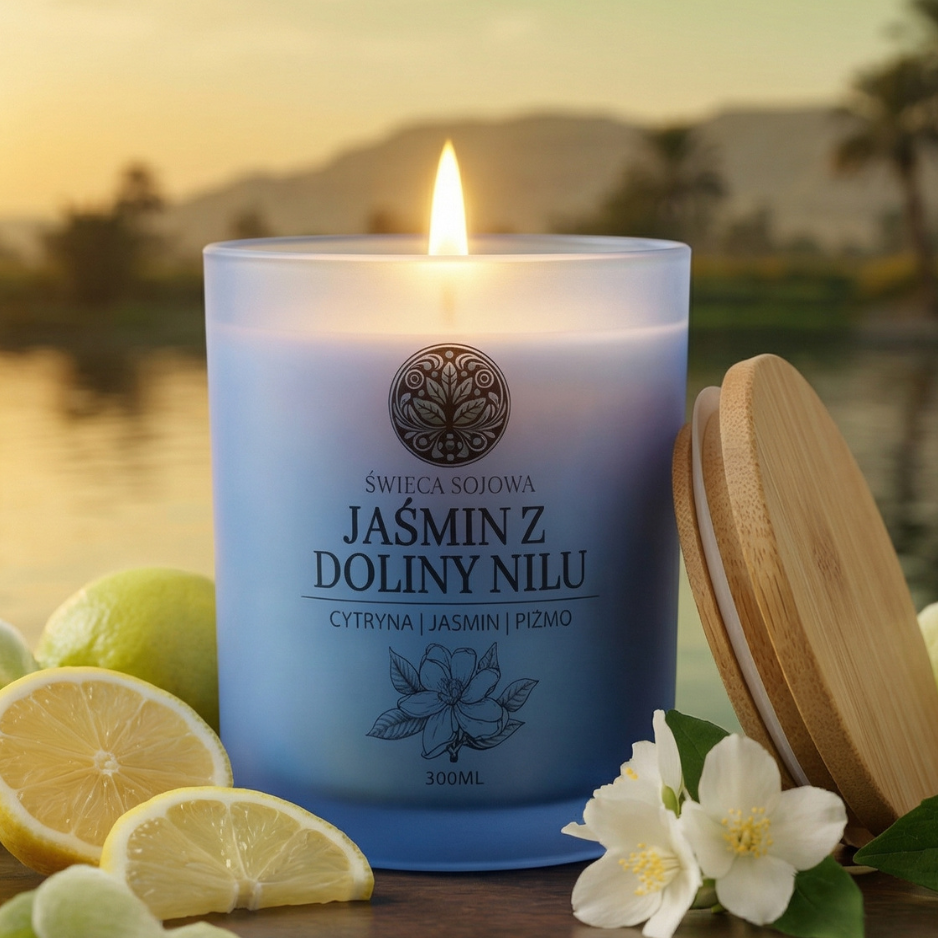Płonąca świeca sojowa Jaśmin z Doliny Nilu w satynowym szkle z bambusowym wieczkiem, na tle rzeki Nil, z jaśminem, cytrusami i wanilią – luksusowa świeca premium