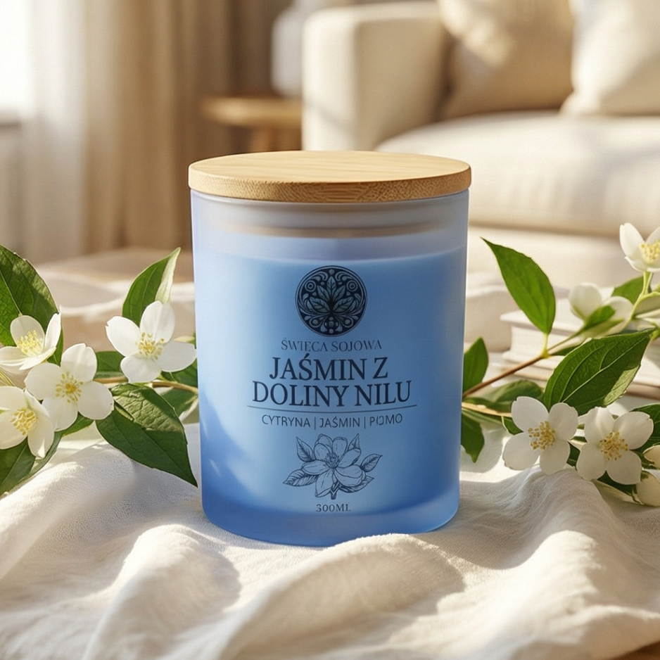 Świeca sojowa Jaśmin z Doliny Nilu paląca się w eleganckim wnętrzu, kwiatowy zapach jaśminu i cytrusów, naturalna świeca premium do relaksu