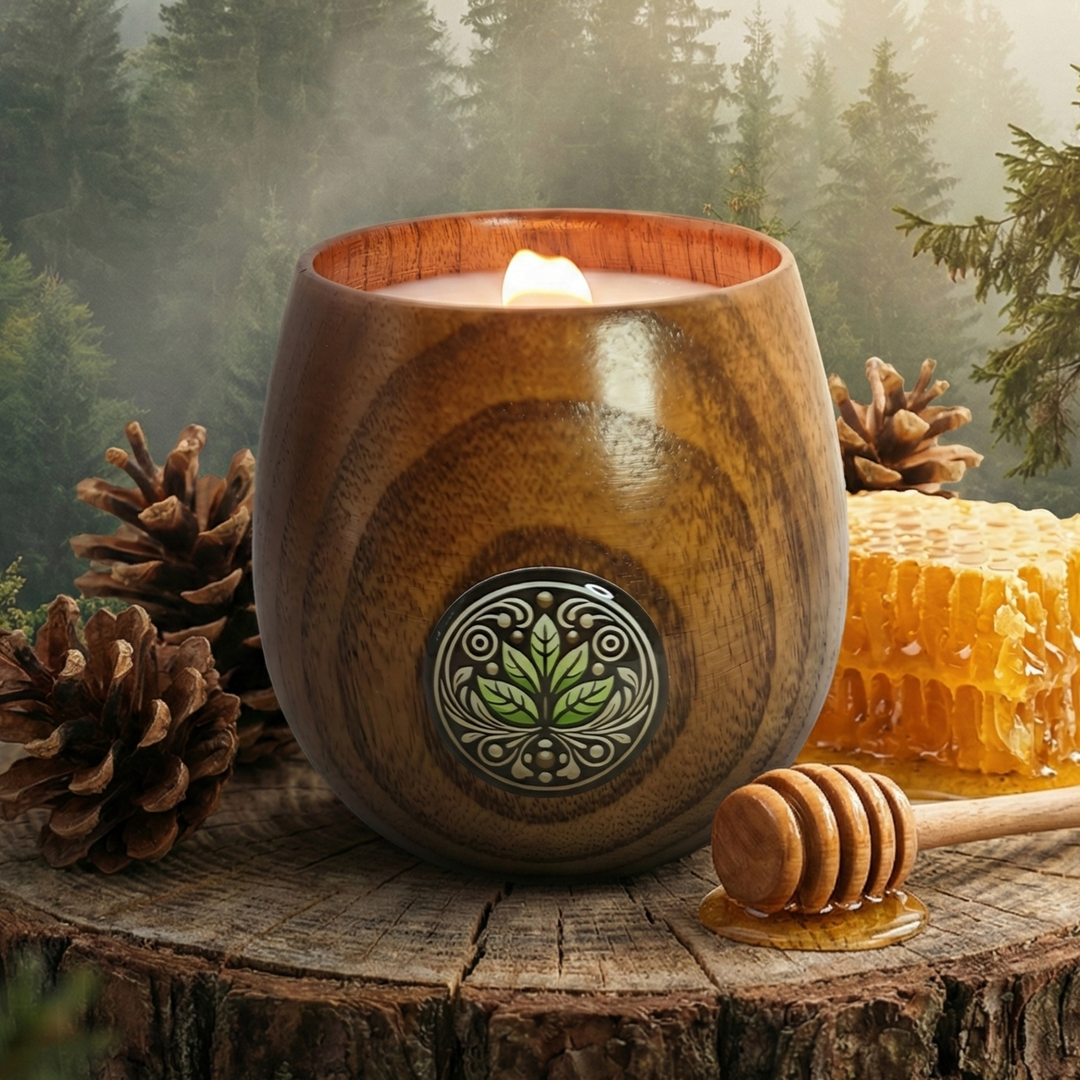 Świeca sojowa Karpacki Miód i Sosna w dębowym pojemniku z drewnianym knotem