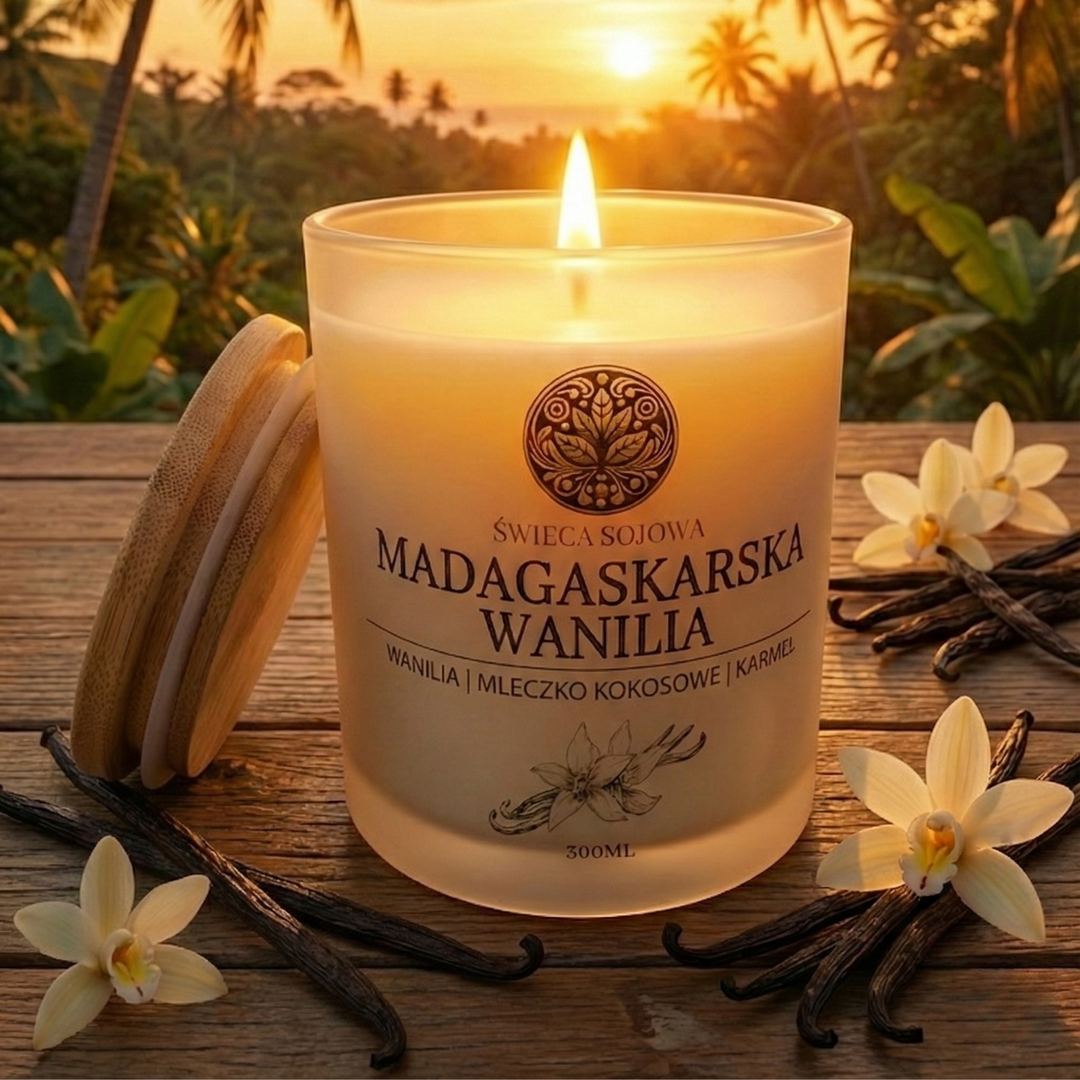 Świeca sojowa Madagaskarska Wanilia w satynowym szkle 300 ml z bawełnianym knotem
