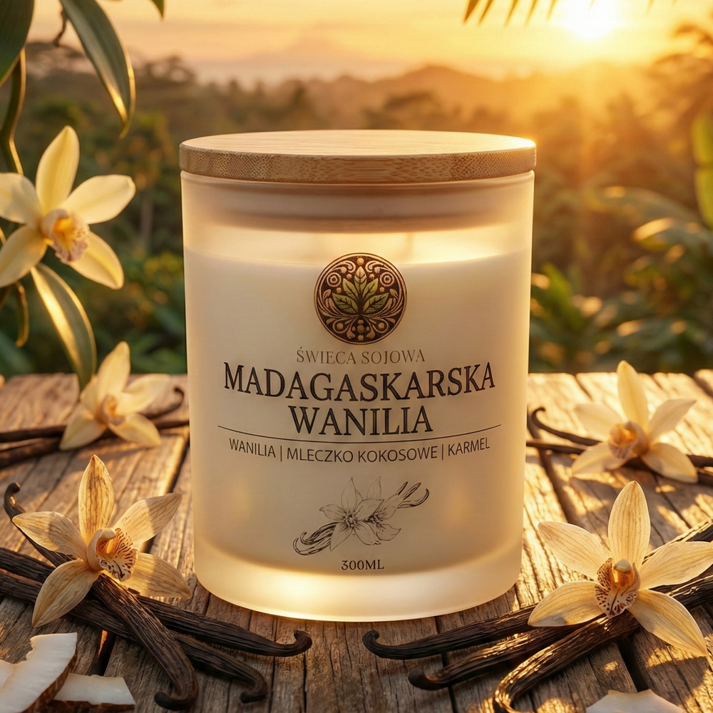 Madagaskarska Wanilia – widok z góry na świecę sojową z bawełnianym knotem