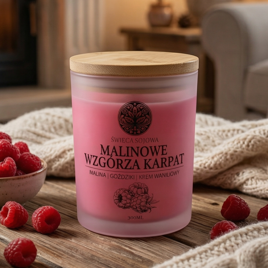 Świeca zapachowa Malinowe Wzgórza Karpat w eleganckim wnętrzu salonu, naturalna świeca sojowa tworząca ciepłą i relaksującą atmosferę