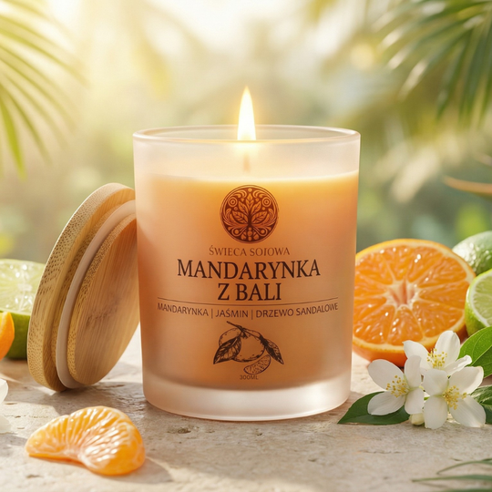Świeca sojowa Mandarynka z Bali w satynowym szkle z bambusowym wieczkiem, zapach mandarynki, limonki i jaśminu, świeca premium SynergyStore