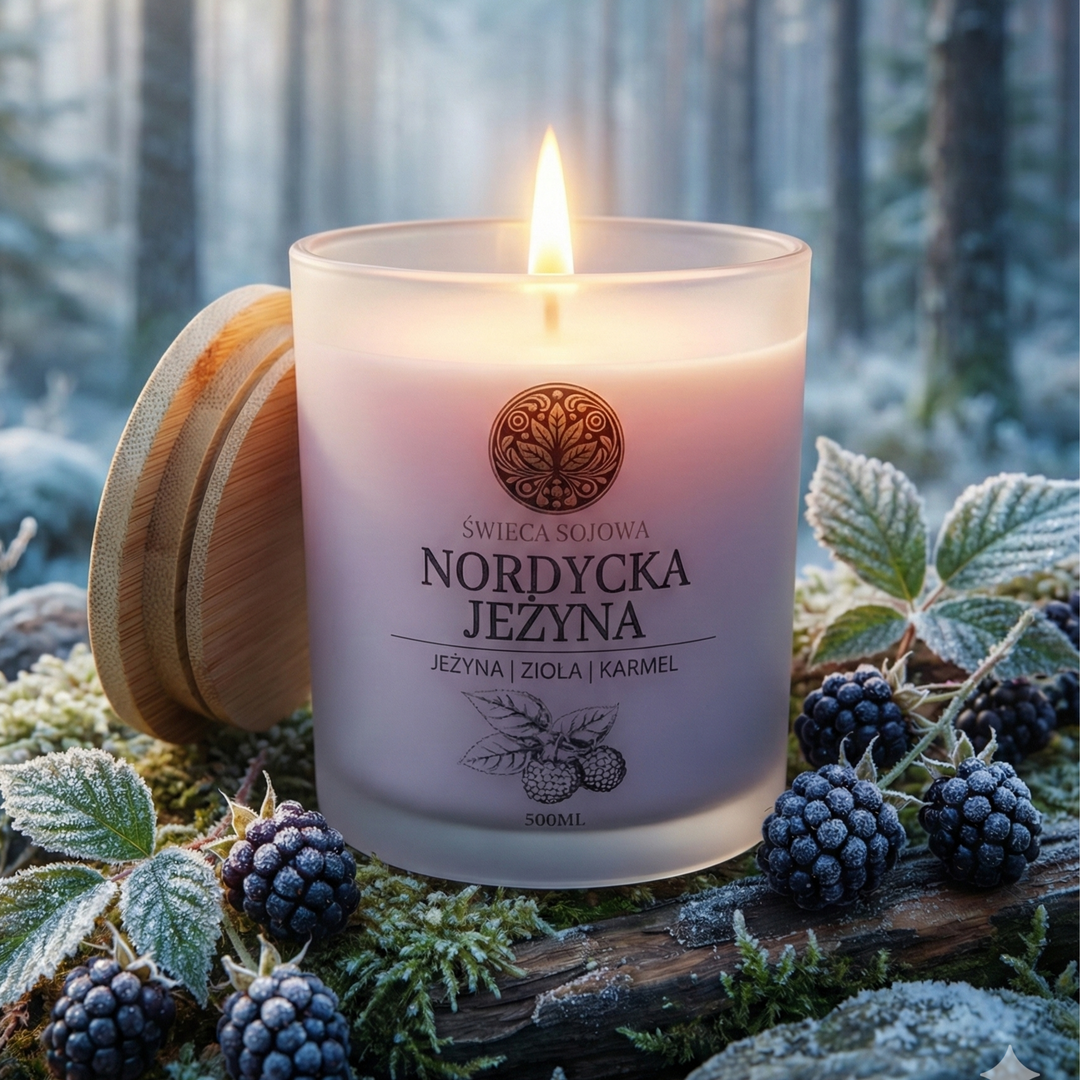 Świeca sojowa Nordycka Jeżyna w satynowym szkle – owocowy aromat jeżyn.