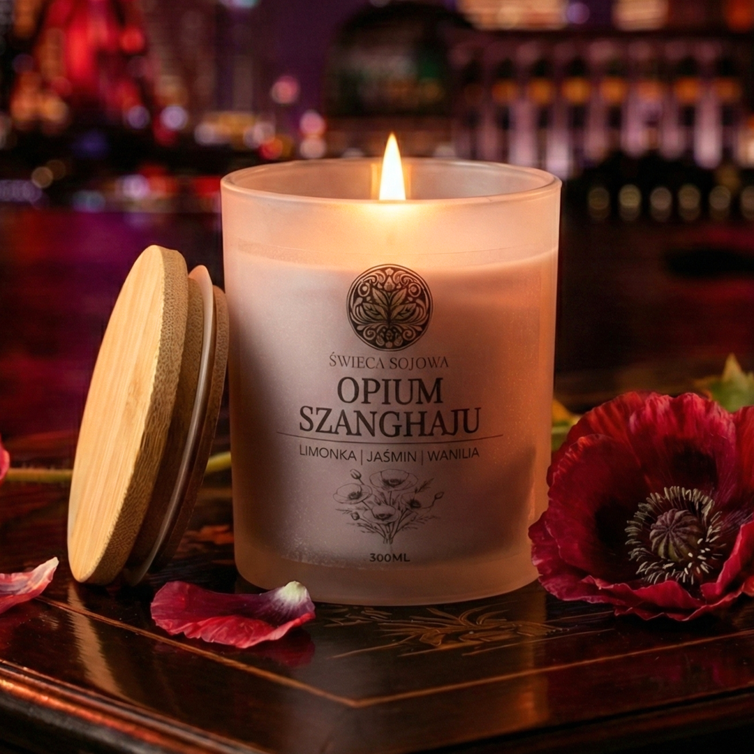 Świeca sojowa Opium Szanghaju 300 ml w satynowym szkle – widok frontowy