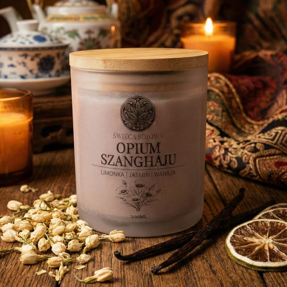 Orientalna świeca sojowa Opium Szanghaju – satynowy pojemnik z bambusowym wieczkiem