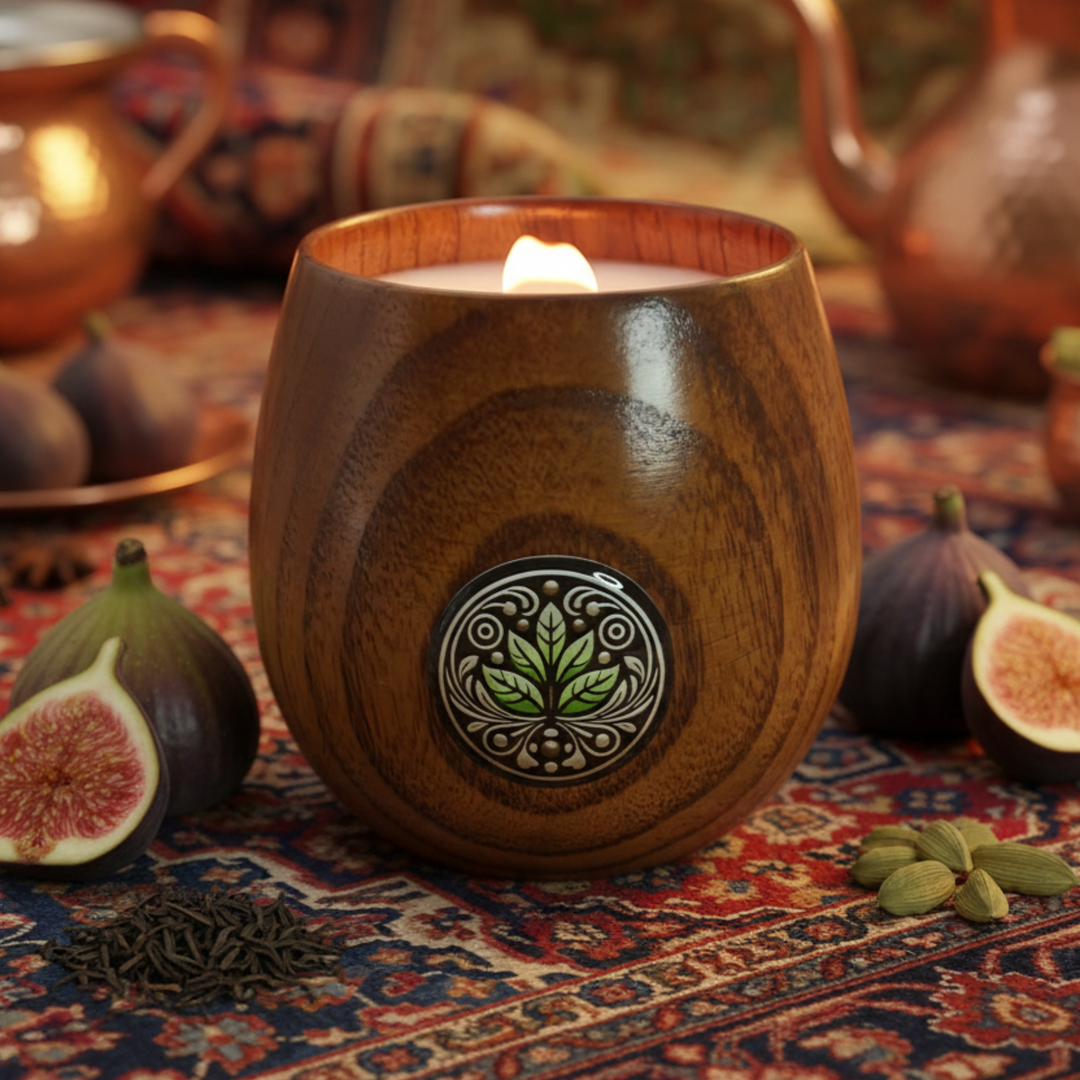 Świeca sojowa Perska Herbata Figowa w dębowym pojemniku 250 ml – widok główny.