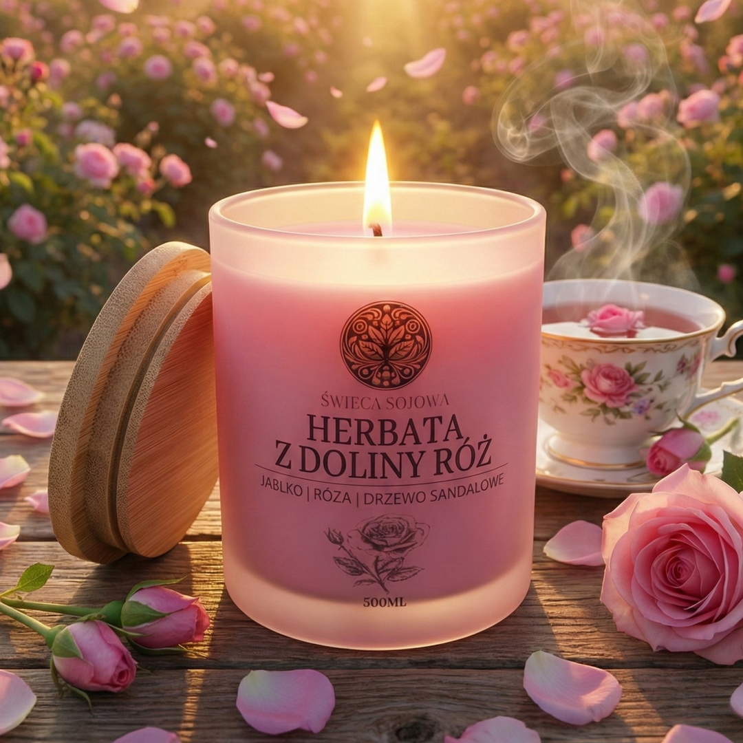 Świeca sojowa Herbata z Doliny Róż 300 ml w satynowym szkle z bambusowym wieczkiem