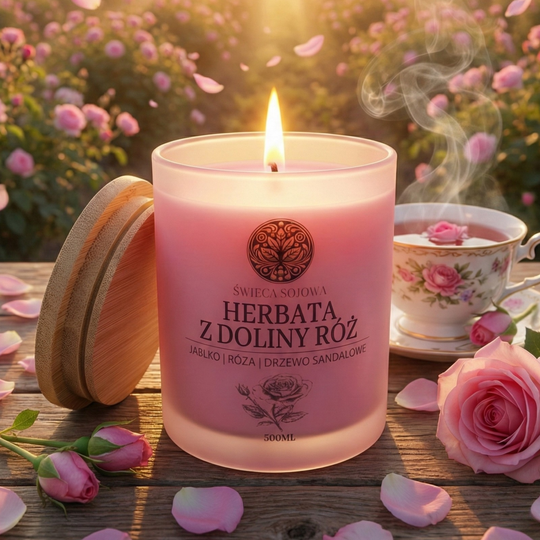 Świeca sojowa Herbata z Doliny Róż 300 ml w satynowym szkle z bambusowym wieczkiem