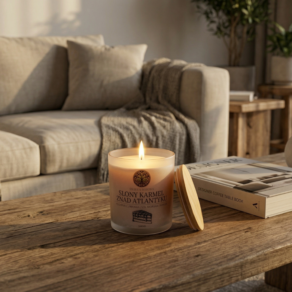 Świeca sojowa premium SynergyStore o zapachu karmelu w satynowym szkle z bambusowym wieczkiem, ręcznie robiona w Polsce
