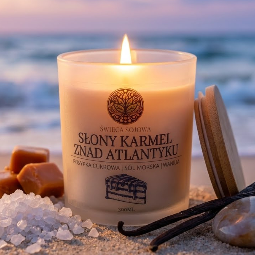 Świeca sojowa premium SynergyStore o zapachu karmelu w satynowym szkle z bambusowym wieczkiem, ręcznie robiona w Polsce