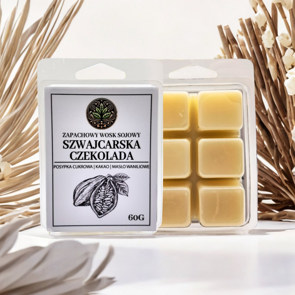 Wosk zapachowy sojowy Szwajcarska Czekolada 60 g – aranżacja z kawałkami czekolady i laską wanilii.